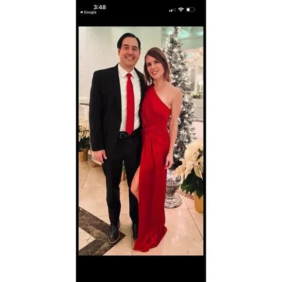 ML MONIQUE LHUILLIER Red Drapey One Shoulder Thigh Grazing Slit Gown size 4